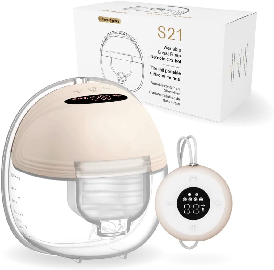 Wearable Breast Pump S21 Remote Controlled - Smart Display, Leak-Proof Design, Hands-Free Double Portable Electric with 3 Modes &12 Levels (Beige - RC 1PACK)