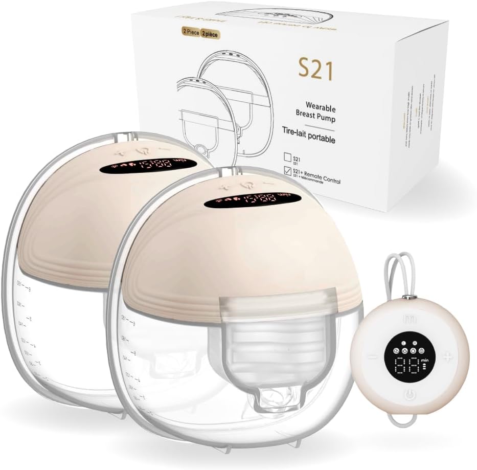 Wearable Breast Pump S21 Remote Controlled - Smart Display, Leak-Proof Design, Hands-Free Double Portable Electric with 3 Modes &12 Levels (Beige -RC 2PACK)