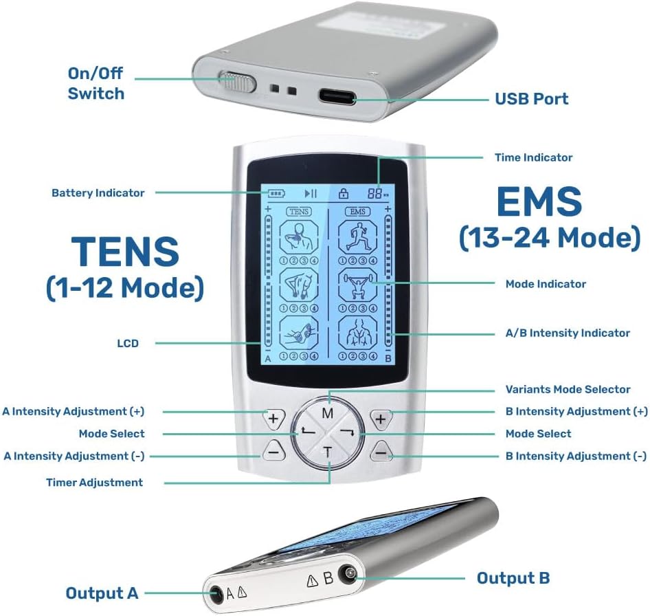 DrBash TENS & EMS unit Machine with Dual Channel 24 Modes Muscle Stimulator for Pain Relief Therapy