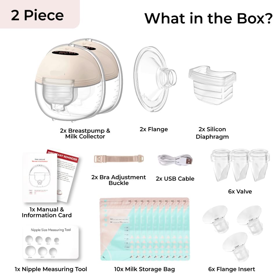 Wearable Breast Pump S21 - Smart Display, Leak-Proof Design, Hands-Free Double Portable Electric with 3 Modes &12 Levels (Beige-2pack)