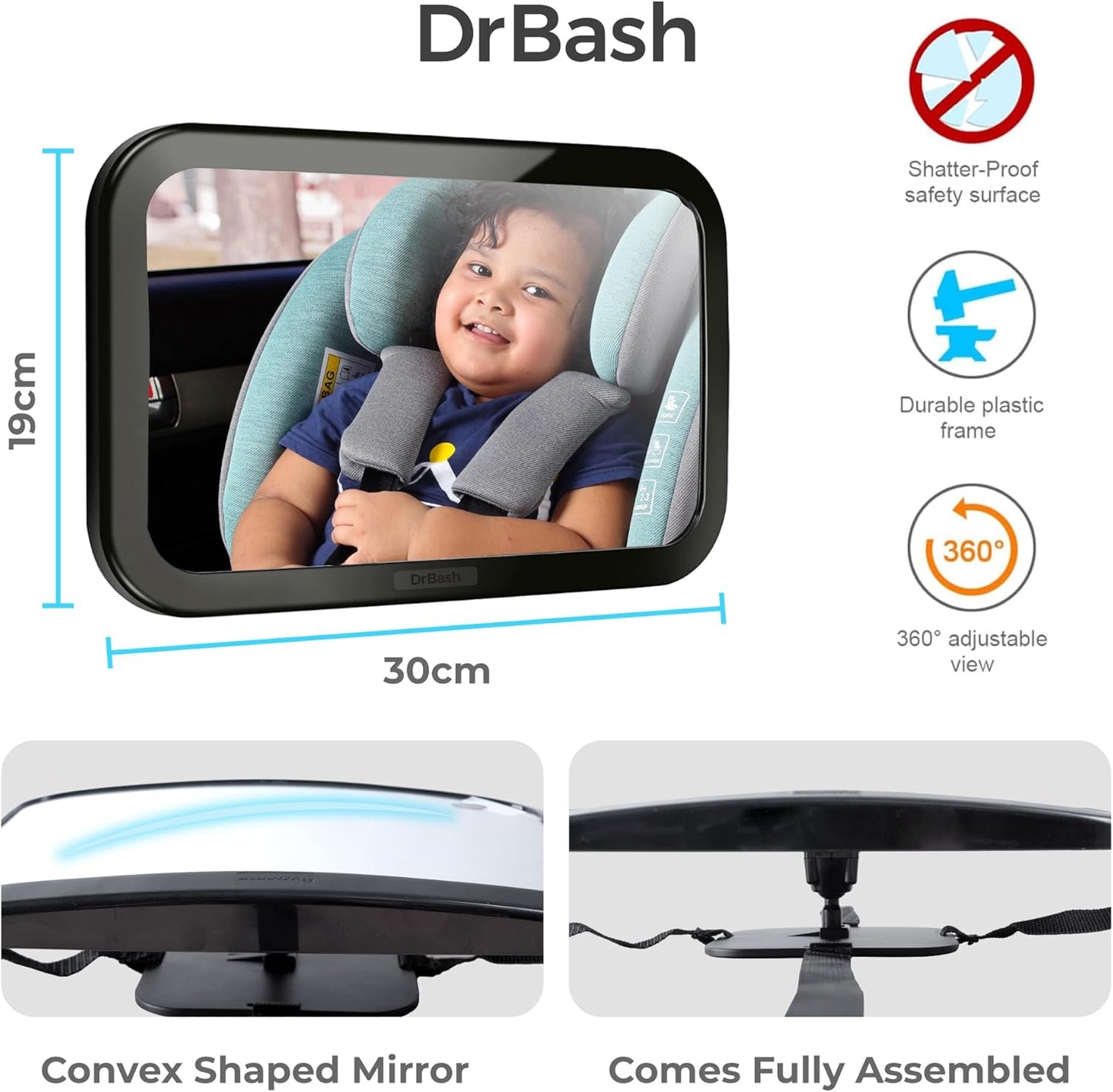 DrBash Baby Car Mirror for Back Seat - 100% Shatterproof, 360° Baby Rotation, New Born Baby Essentials, Rear Facing, Universal & Shake-Proof