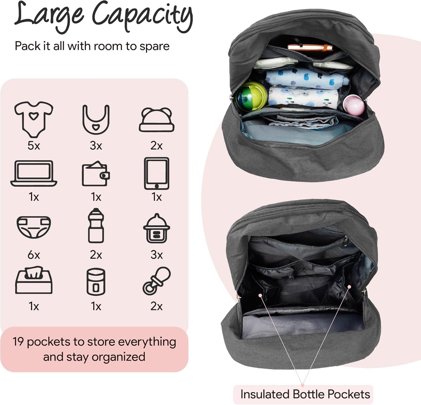 Diaper Bag Backpack –Large Multifunction Travel Baby Bag- ChangingPad,StrollerStraps for Moms & Dads –Newborn Essentials