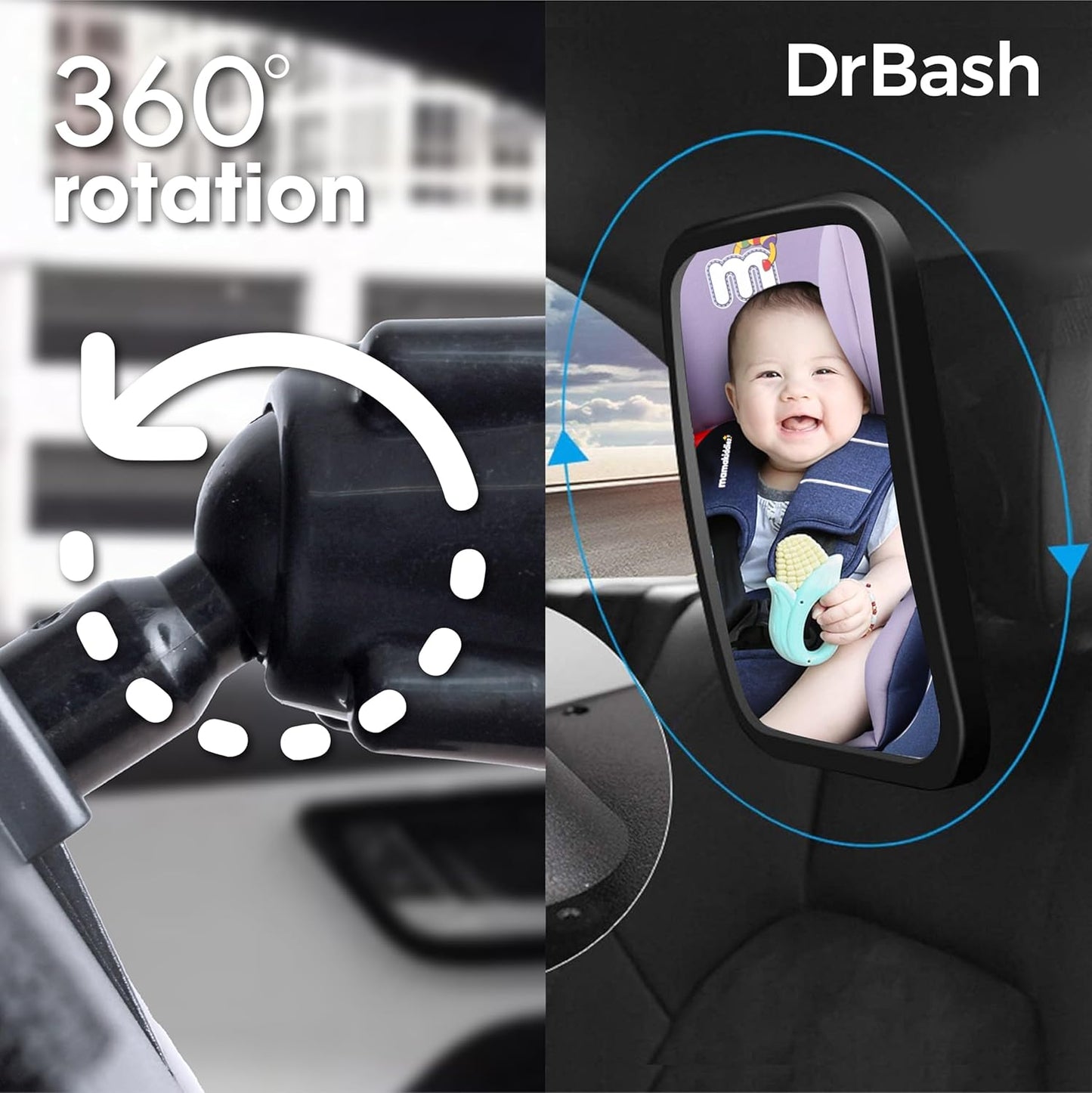 DrBash Baby Car Mirror for Back Seat - 100% Shatterproof, 360° Baby Rotation, New Born Baby Essentials, Rear Facing, Universal & Shake-Proof