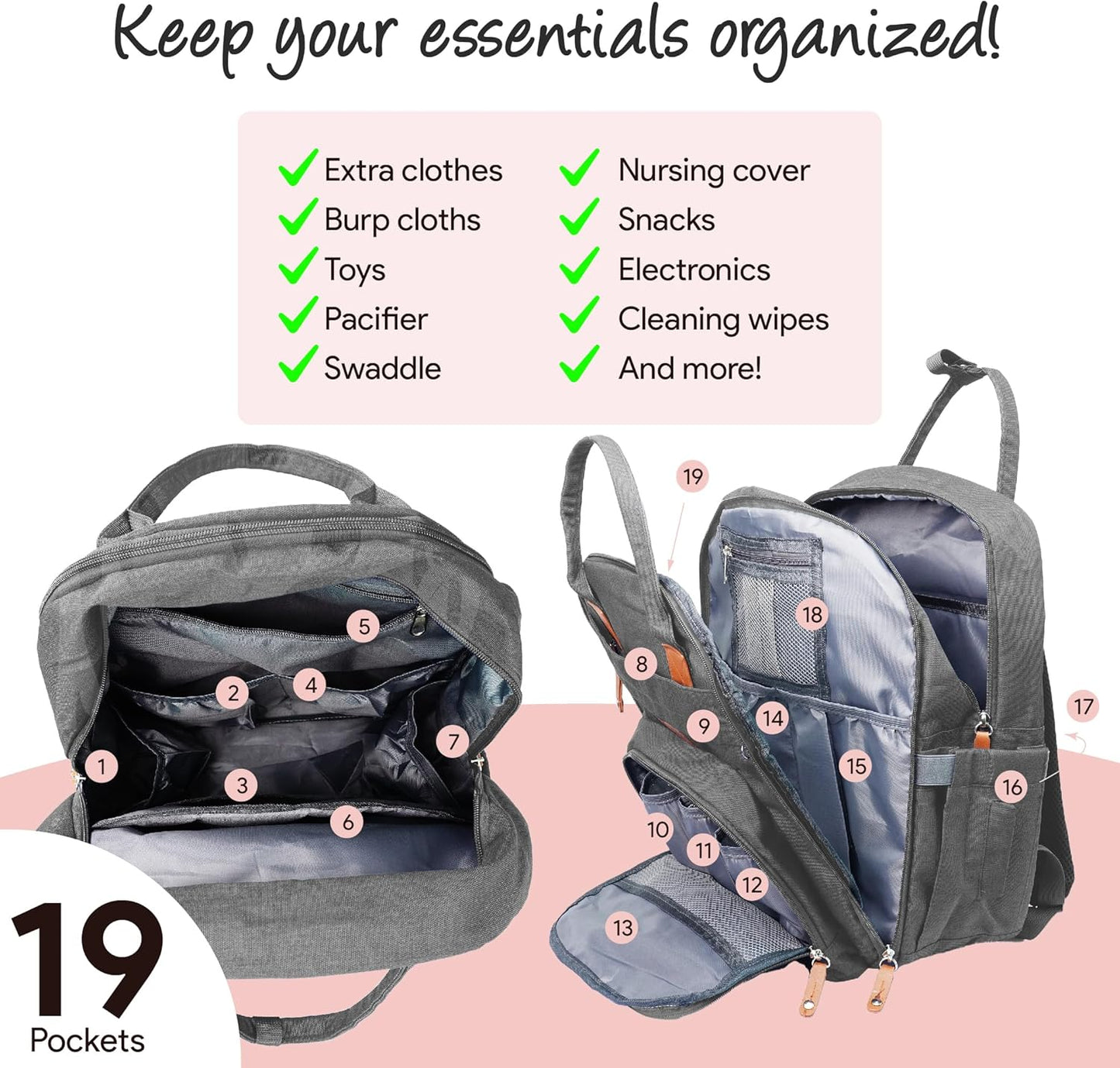 Diaper Bag Backpack –Large Multifunction Travel Baby Bag- ChangingPad,StrollerStraps for Moms & Dads –Newborn Essentials