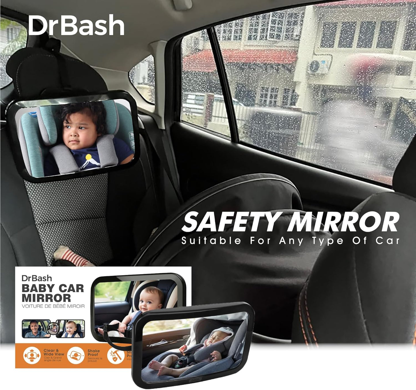 DrBash Baby Car Mirror for Back Seat - 100% Shatterproof, 360° Baby Rotation, New Born Baby Essentials, Rear Facing, Universal & Shake-Proof