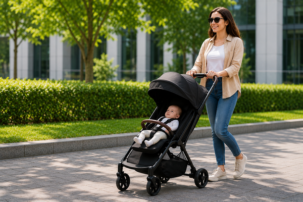 Mother pushing a baby in a stroller during an outdoor walk