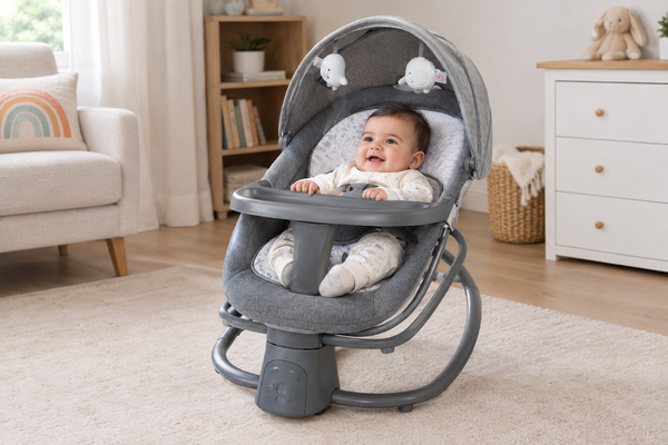 Baby relaxing safely in a gray baby rocker in a cozy room