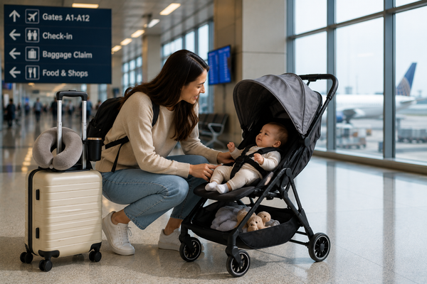 Baby in stroller with mother at an airport.