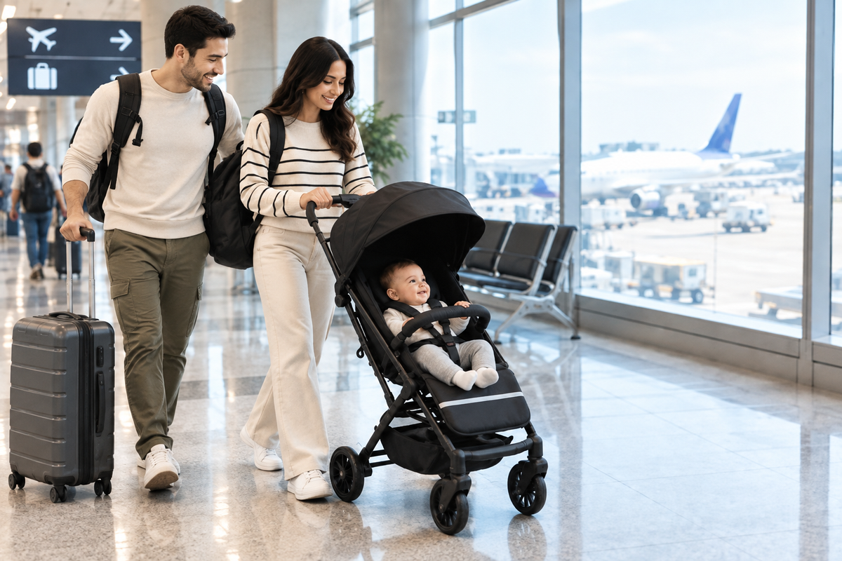 Family traveling through an airport with a stroller and luggage.