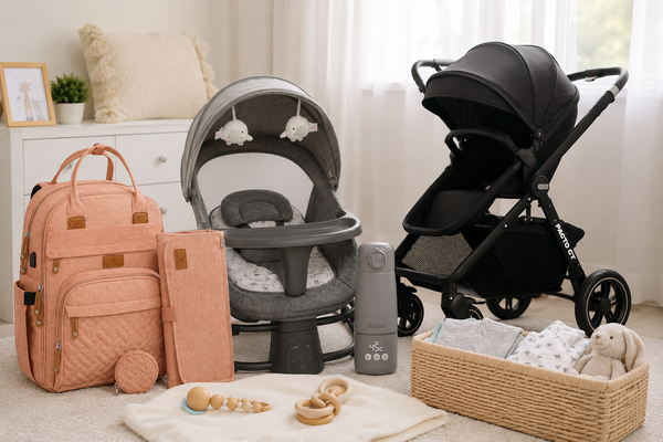 Realistic nursery scene with a baby rocker, DrBash bottle warmer, diaper bag and black stroller.