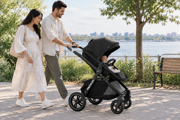 Man pushing a black stroller while walking with a woman and baby