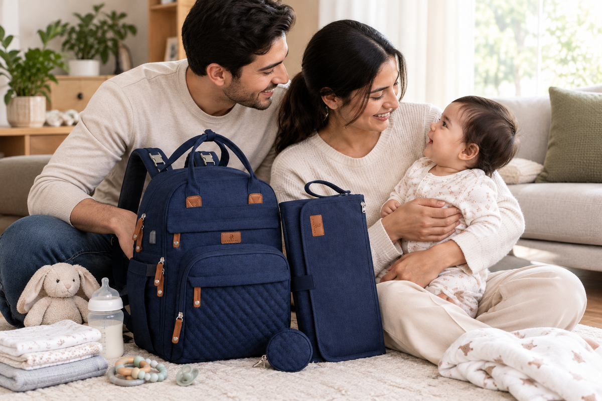 Parents with baby and durable diaper bag backpack