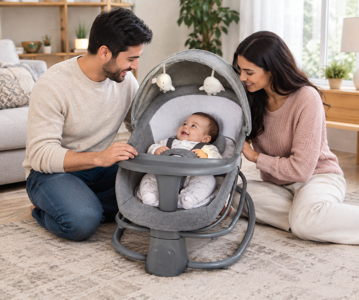 A couple with their baby in an electric baby swing in a cozy modern living room