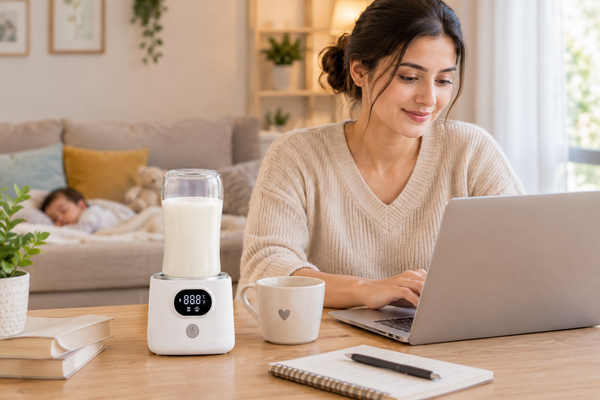 A woman working beside a baby bottle warmer