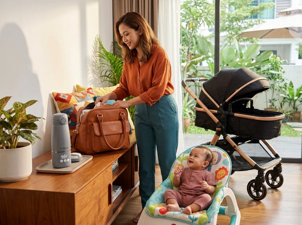 Mother packing a baby travel bag with baby nearby and stroller beside her