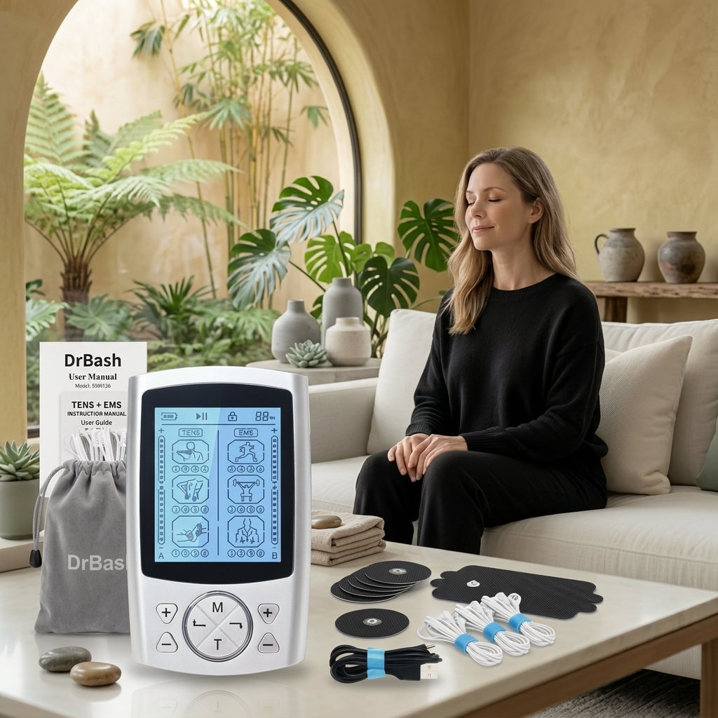 DrBash TENS + EMS machine with electrodes and accessories beside a woman relaxing on a sofa.