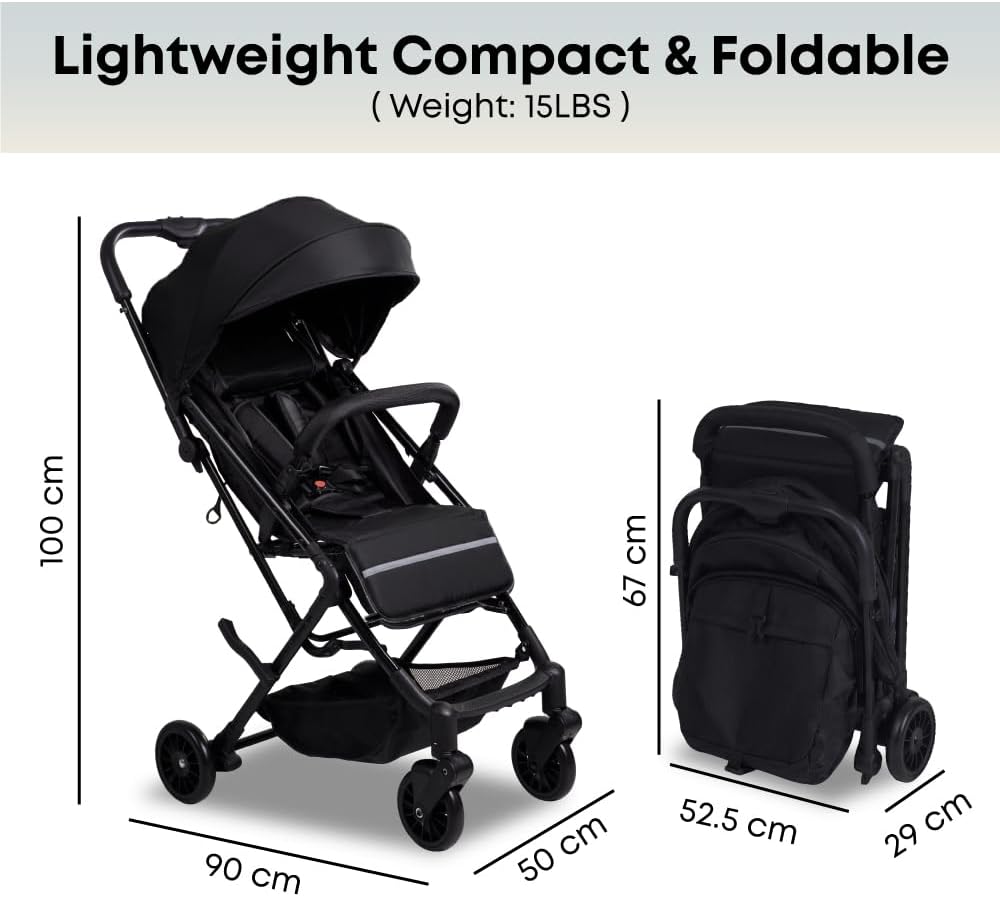 DrBash Compact Fold Baby Stroller, Lightweight Travel Toddler Stroller with One-Hand Fold, UPF50+ Extendable Canopy, Reclining Seat, Cup Holder, Easy Carry Design