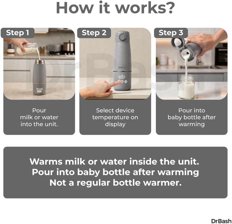 DrBash Portable Milk Warmer- Dual Heating Modes Milk & Water, Portable Bottle Warmer with Fast Heating,Leak-proof,Adjustable Temperature Display,Auto shutoff,Ideal for Travel & Night Feeding
