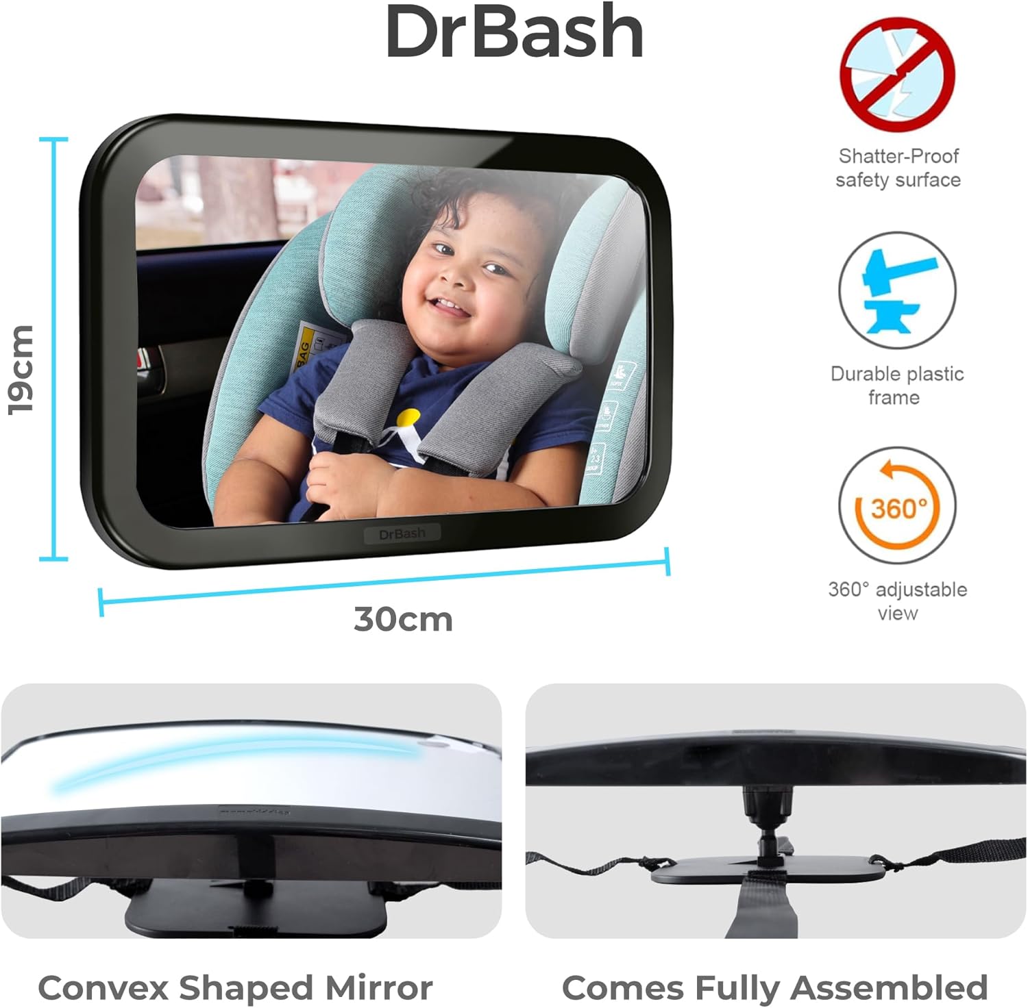 DrBash Baby Car Mirror for Back Seat - 100% Shatterproof, 360° Baby Rotation, New Born Baby Essentials, Rear Facing, Universal & Shake-Proof