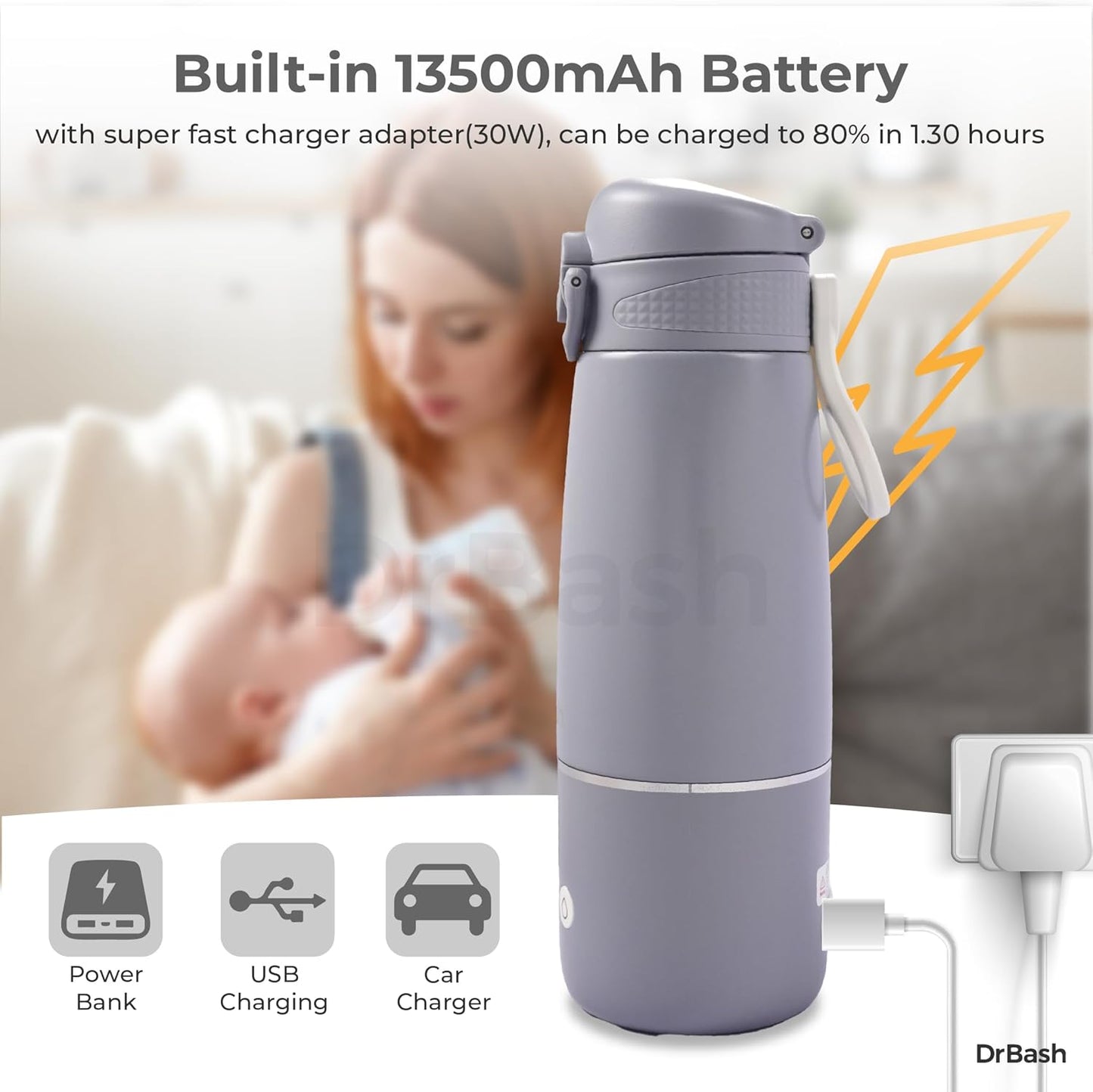 DrBash Portable Milk Warmer- Dual Heating Modes Milk & Water, Portable Bottle Warmer with Fast Heating,Leak-proof,Adjustable Temperature Display,Auto shutoff,Ideal for Travel & Night Feeding