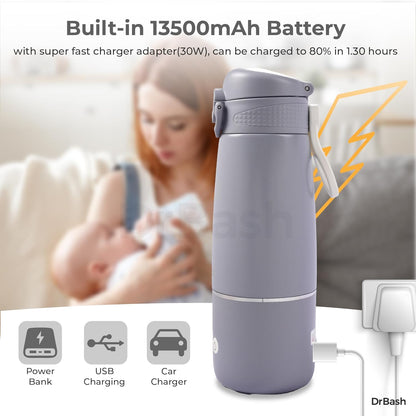 DrBash Portable Milk Warmer- Dual Heating Modes Milk & Water, Portable Bottle Warmer with Fast Heating,Leak-proof,Adjustable Temperature Display,Auto shutoff,Ideal for Travel & Night Feeding