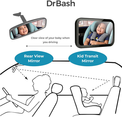 DrBash Baby Car Mirror for Back Seat - 100% Shatterproof, 360° Baby Rotation, New Born Baby Essentials, Rear Facing, Universal & Shake-Proof