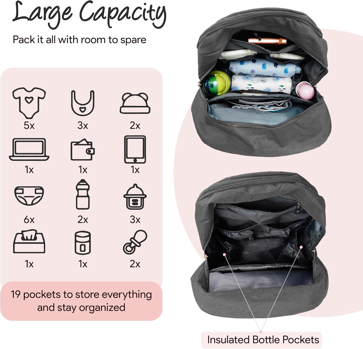 Diaper Bag Backpack –Large Multifunction Travel Baby Bag- ChangingPad,StrollerStraps for Moms & Dads –Newborn Essentials