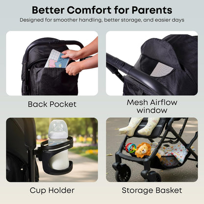 DrBash Compact Fold Baby Stroller, Lightweight Travel Toddler Stroller with One-Hand Fold, UPF50+ Extendable Canopy, Reclining Seat, Cup Holder, Easy Carry Design