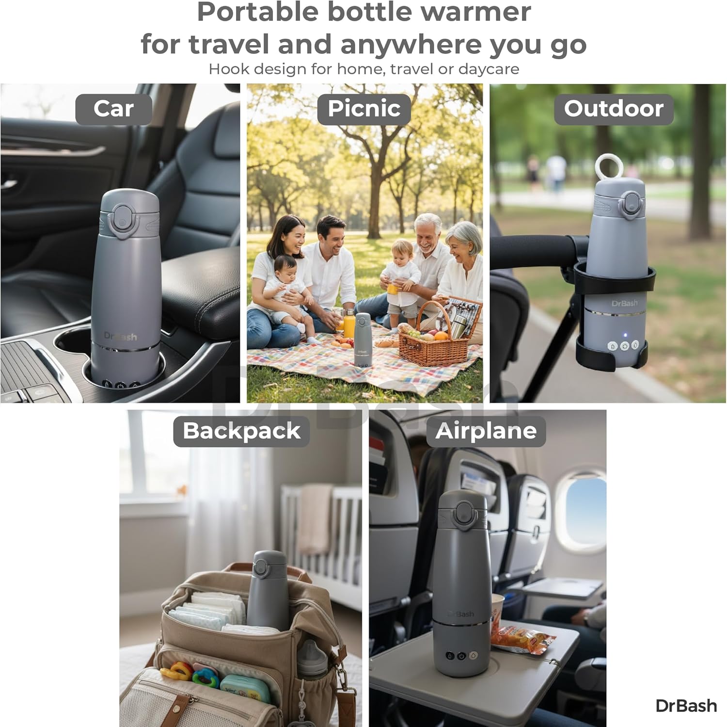 DrBash Portable Milk Warmer- Dual Heating Modes Milk & Water, Portable Bottle Warmer with Fast Heating,Leak-proof,Adjustable Temperature Display,Auto shutoff,Ideal for Travel & Night Feeding