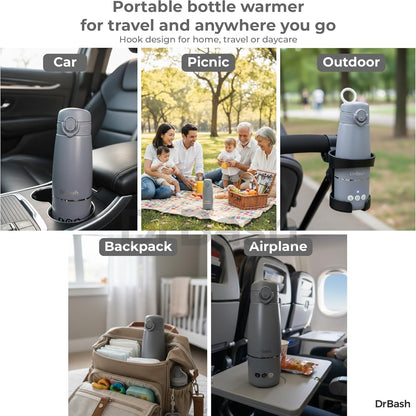DrBash Portable Milk Warmer- Dual Heating Modes Milk & Water, Portable Bottle Warmer with Fast Heating,Leak-proof,Adjustable Temperature Display,Auto shutoff,Ideal for Travel & Night Feeding